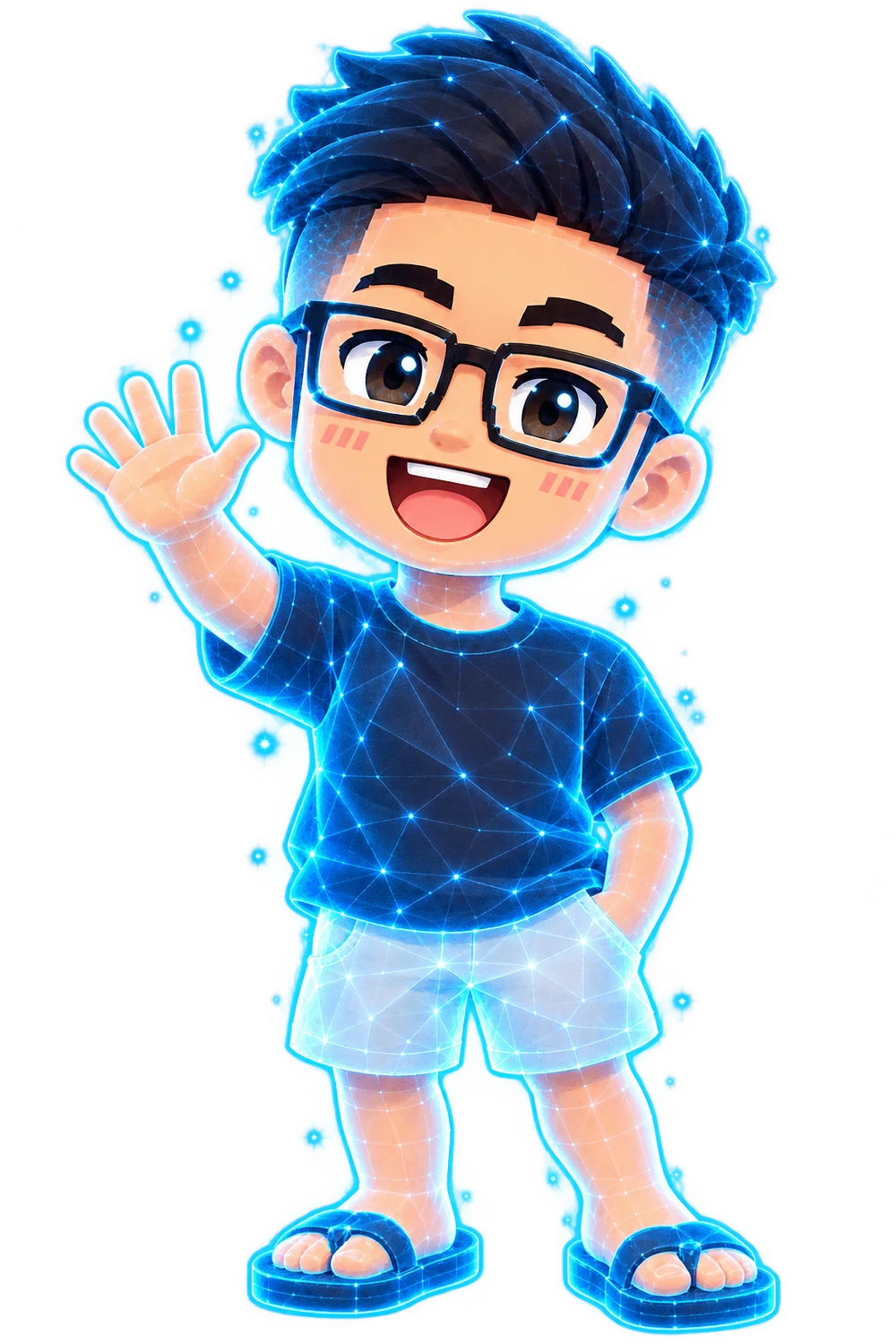 PAO character with black hair, square glasses and a cyan holographic appearance.